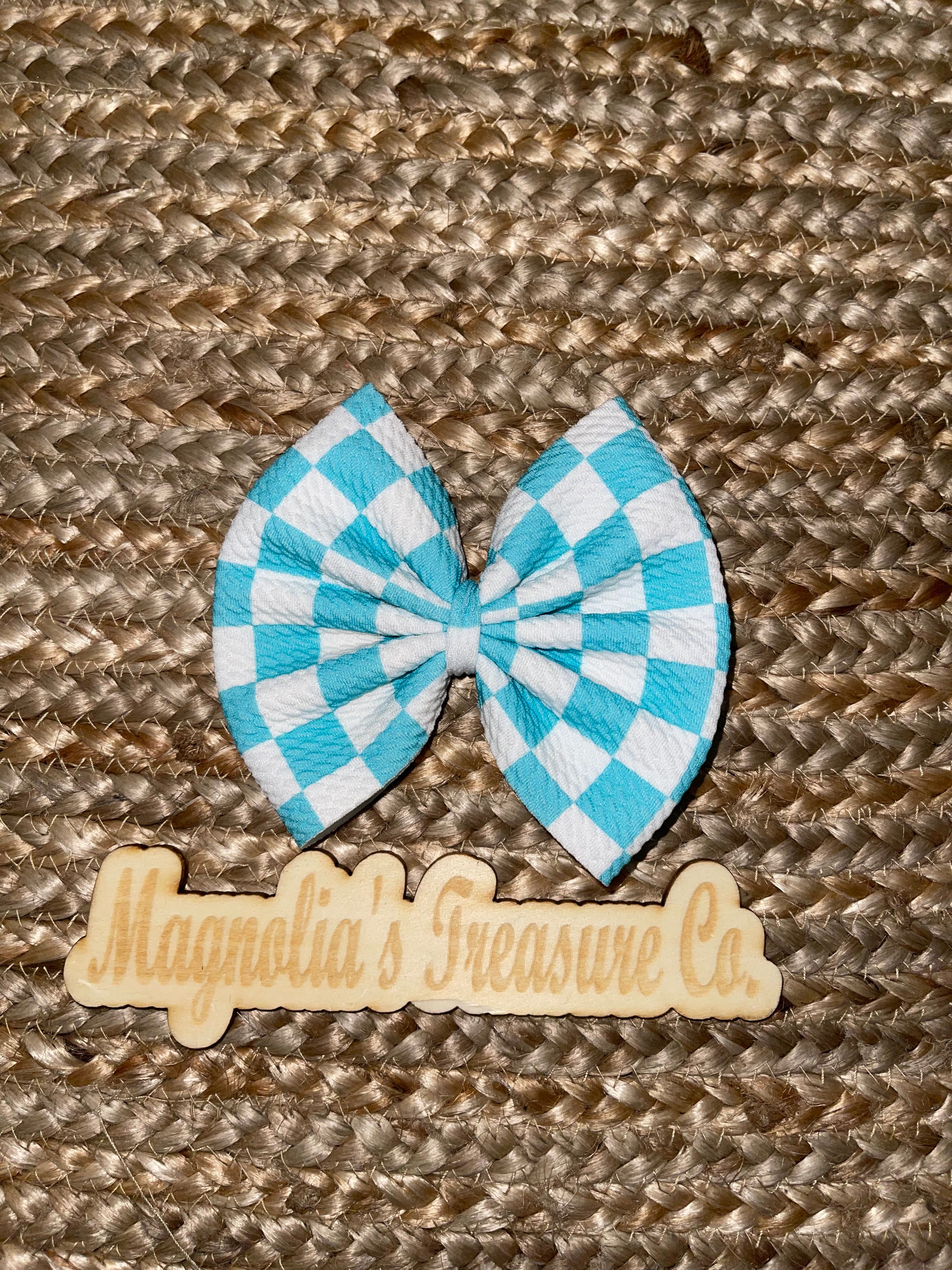 Teal/blue checkered bow